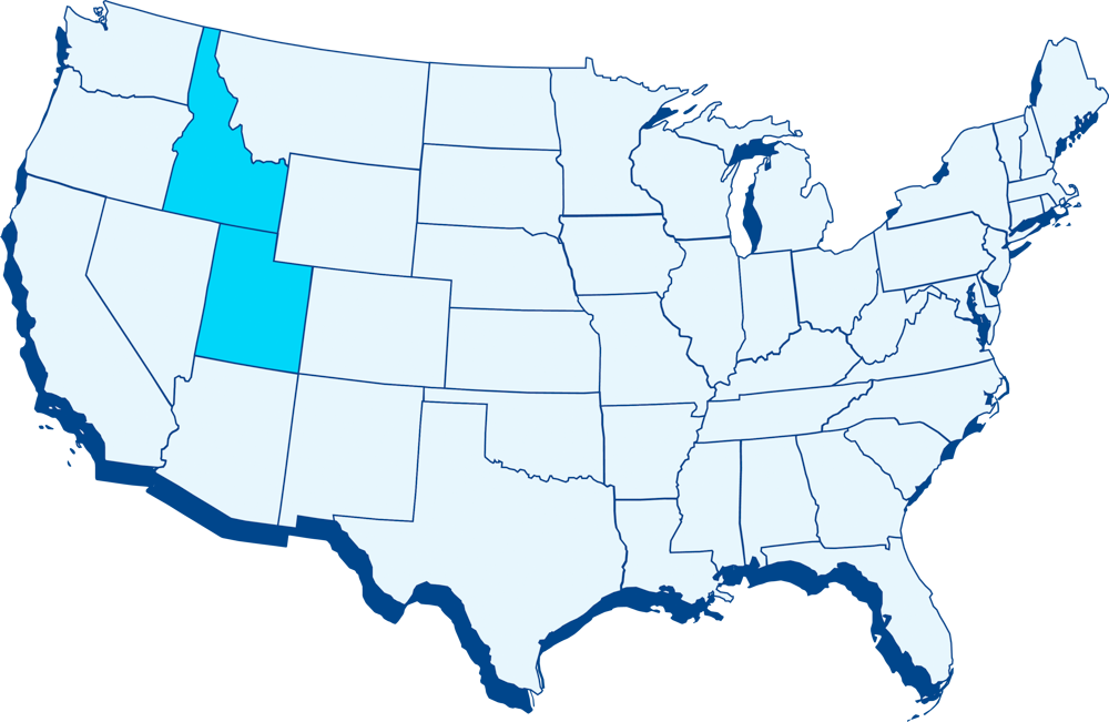 A delivery coverage area map for Mount Olympus Water highlighting two states in the US.