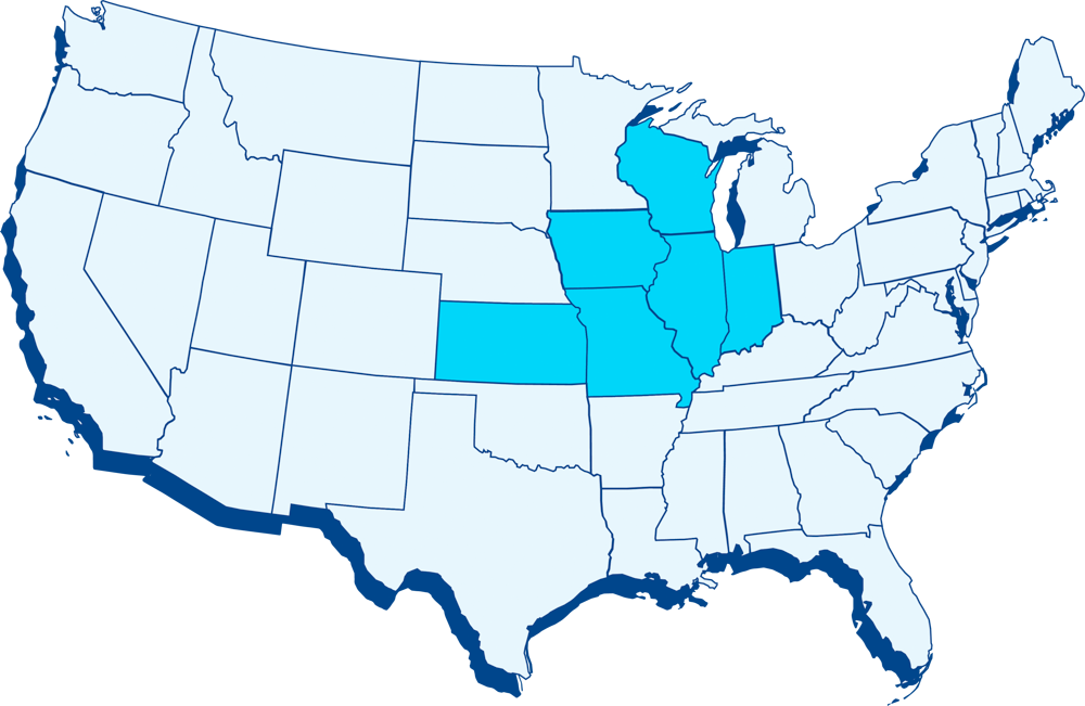 A delivery coverage area map for Hinckley Springs highlighting several states in the US.