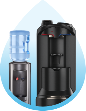 Two water dispensers, a top-load and a bottom-load type, superimposed over a water drop shape.