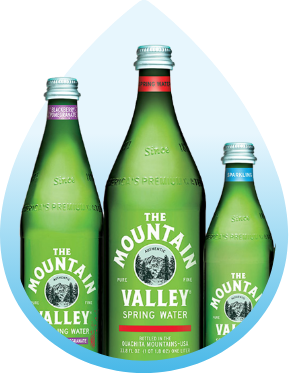 Three Mountain Valley green glass bottles of varying sizes superimposed over a water drop shape.