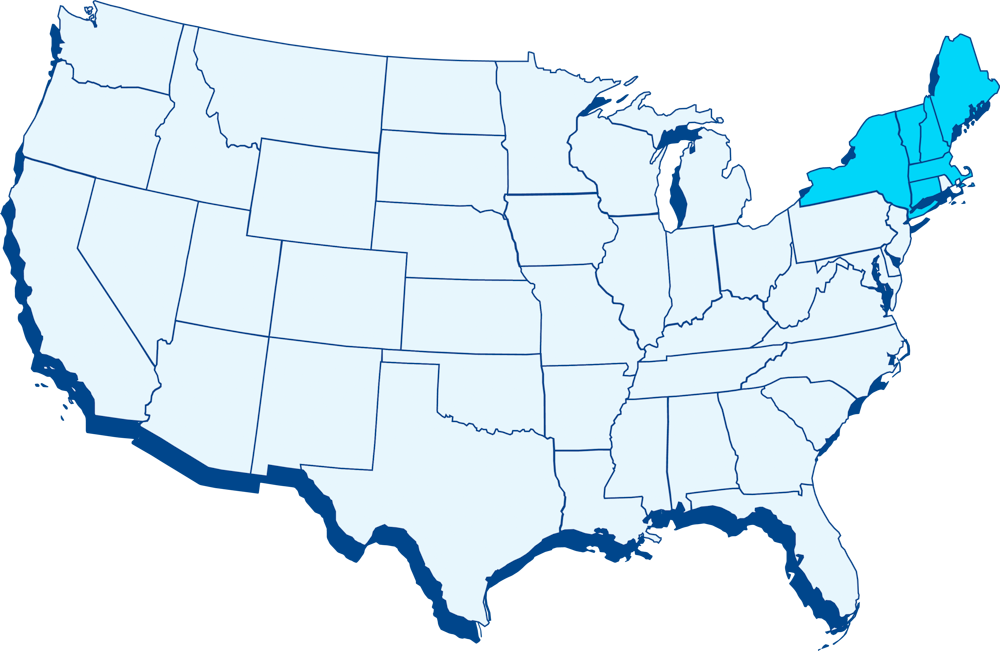 A delivery coverage area map for Crystal Rock highlighting several states in the US.