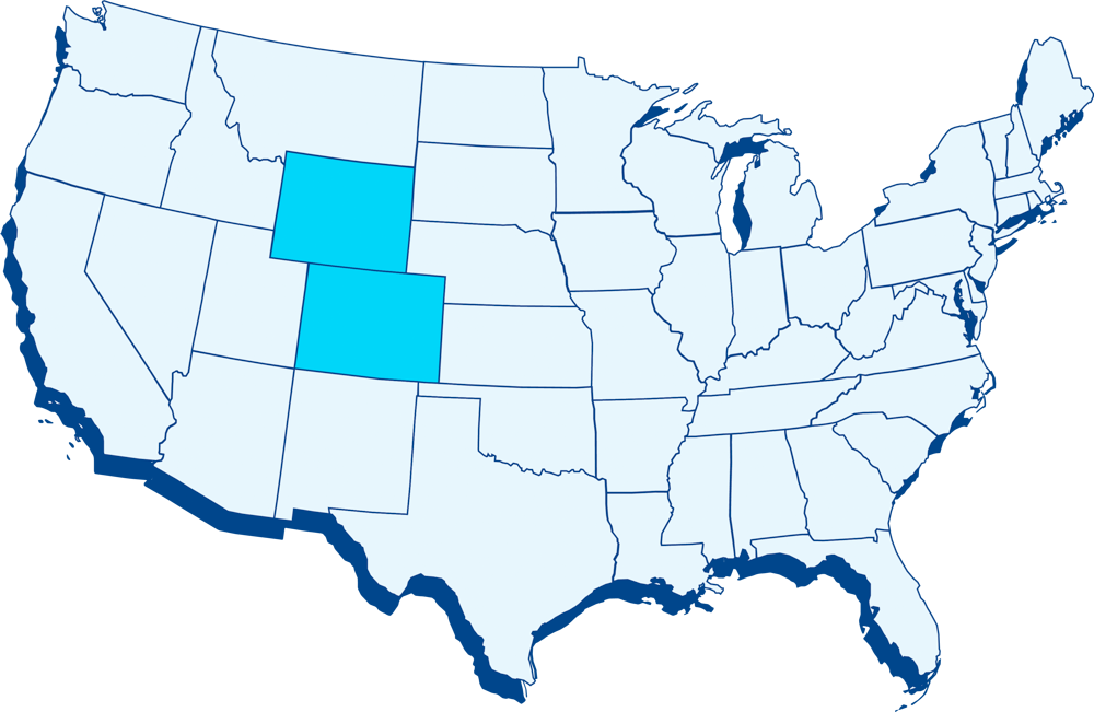 A delivery coverage area map for Deep Rock highlighting two states in the US.