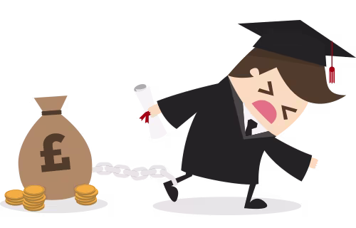 A cartoon image of a graduate struggling to haul a ball and chain around his leg, where the ball is actually a bag of money