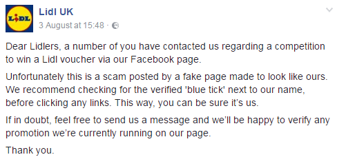 Lidl wrote the following on its Facebook page about a scam promotion: 