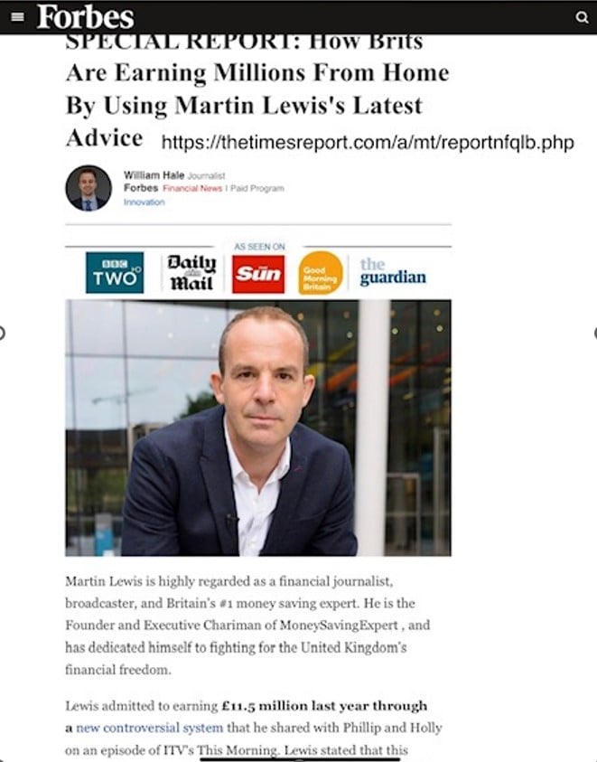 An example of a fake 'Forbes' news story featuring Martin Lewis.