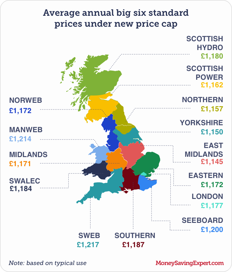 Map showing average annual big six standard prices under new energy price cap.