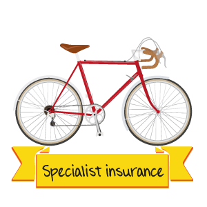 Red racing bicycle with a yellow banner saying 'specialist insurance' underneath.