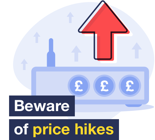 An image of an internet router with pound signs overlaid on it and a red arrow pointing upwards. The accompanying text reads: "Beware of price hikes".