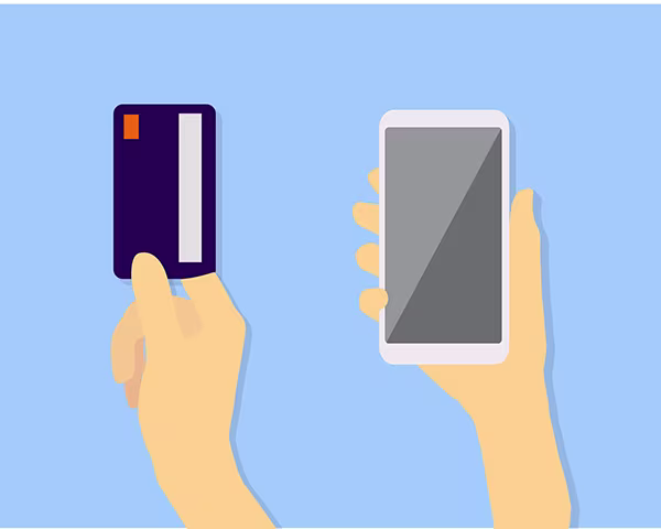 Vector image of two hands, one holding up a credit card, the other a smartphone.