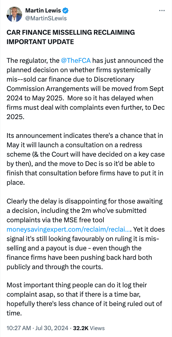 Martin Lewis: “Car finance mis-selling reclaiming important update. The regulator, the Financial Conduct Authority (@TheFCA), has just announced the planned decision on whether firms systemically mis-sold car finance due to Discretionary Commission Arrang