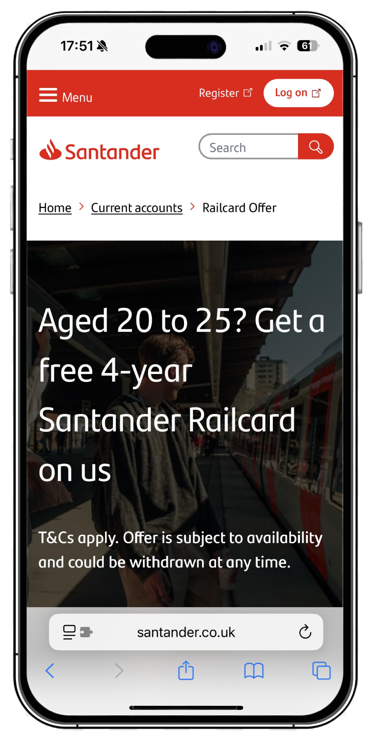 Screenshot of Santander.co.uk website showing free railcard offer