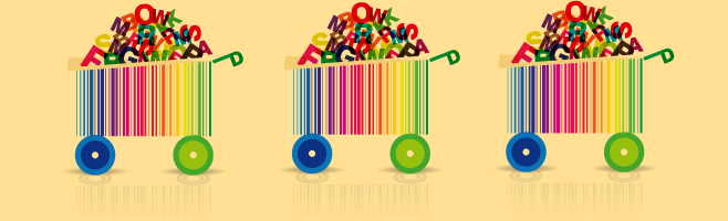 Vector image of three multi-coloured shopping trolleys, each full of letters from the alphabet.