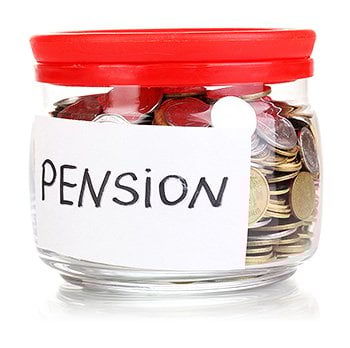 A pot with coins in with the word "pension" written on a label on the side.