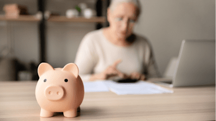 Image shows an older woman using a computer, slightly blurred, with a pink piggy bank in the foreground
