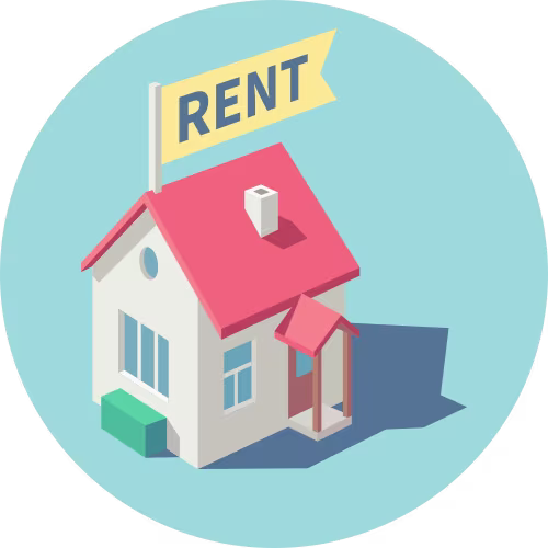 A circular illustration of a house with a big 'Rent' sign sticking out of the top.