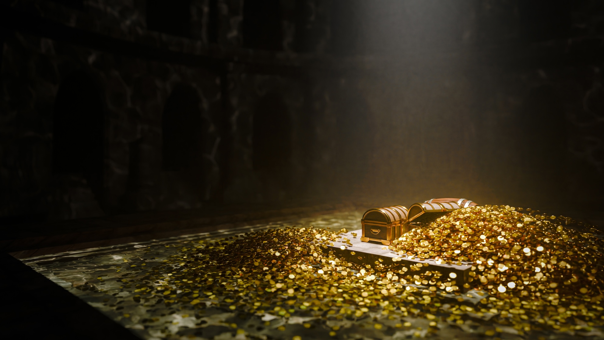 Piles of gold in a cavern.