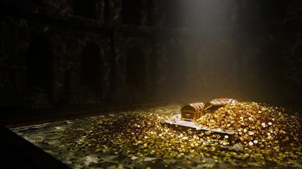 Piles of gold in a cavern.