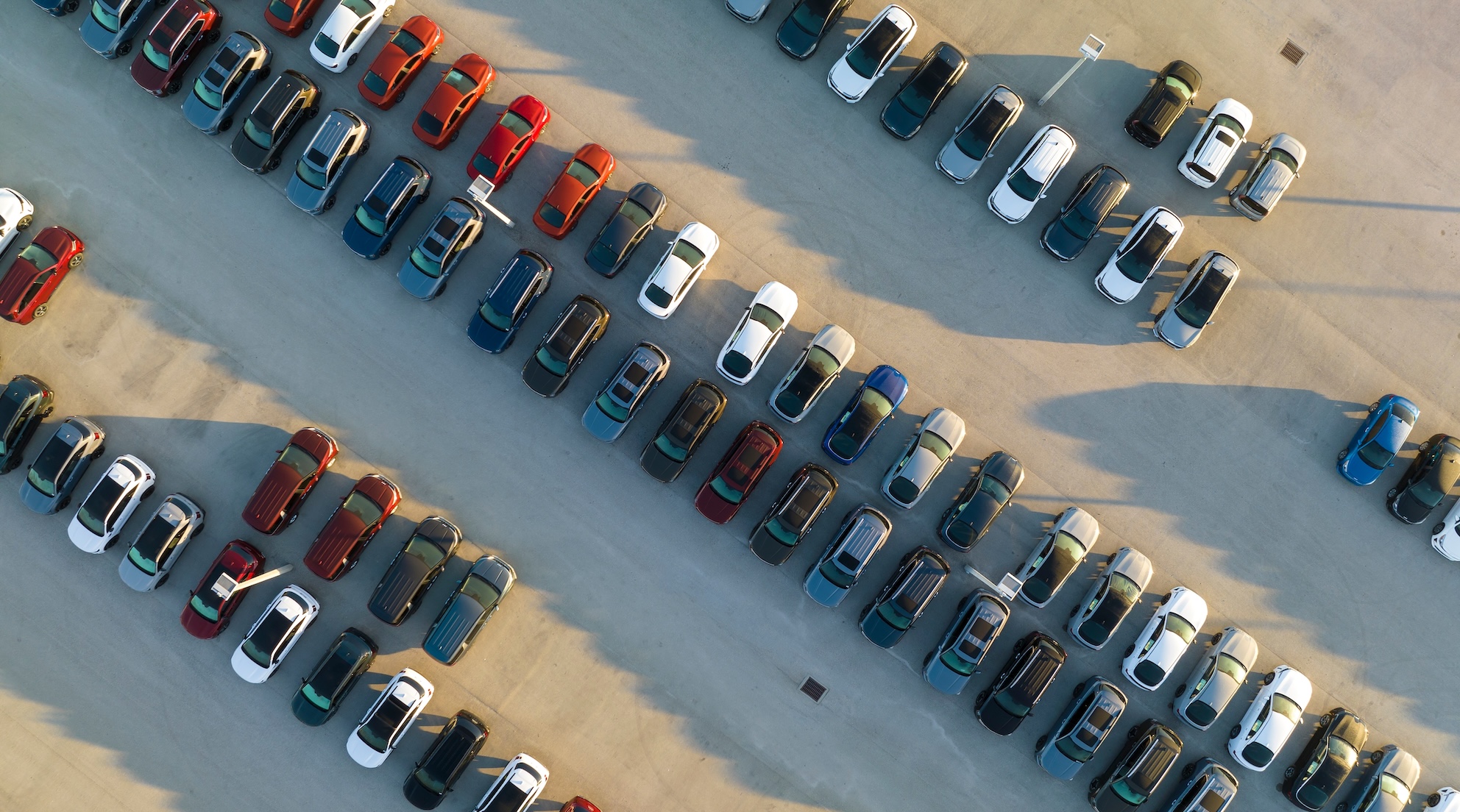 Birds-eye view of dozens of neatly parked cars