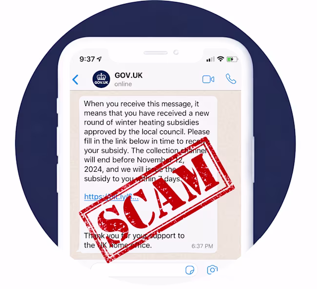A phone showing a scam text pretending to be from GOV.UK. The message says you can claim winter heating support and asks you to click a link. A big red "SCAM" stamp covers the message to show it’s fake.