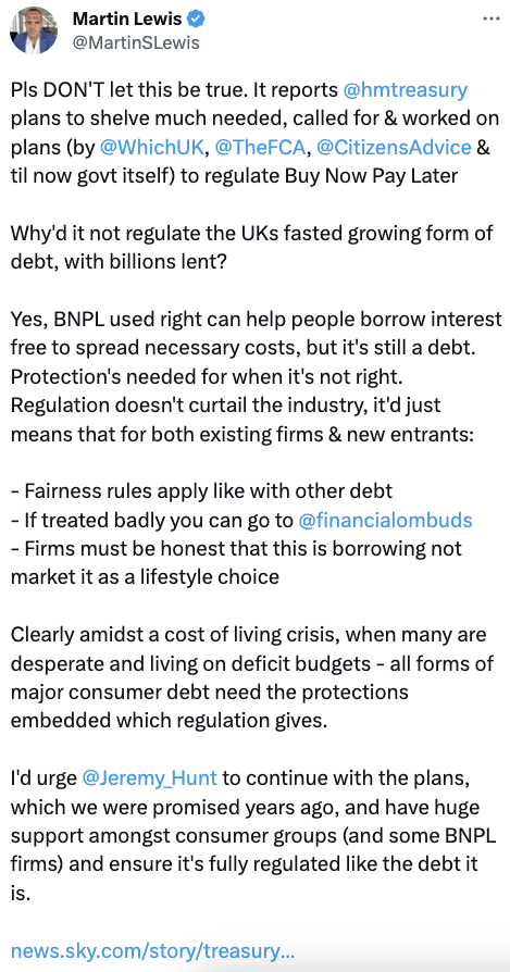 Please DON'T let this Sky News story be true. It reports that the Treasury plans to shelve much-needed, called for and worked on plans (by Which, the Financial Conduct Authority, Citizens Advice and, until now, the Government itself) to regulate Buy Now P