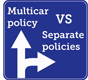 A mock-up of a road sign with an arrow pointing towards the text "multicar policy", and another pointing to text reading "separate policies".