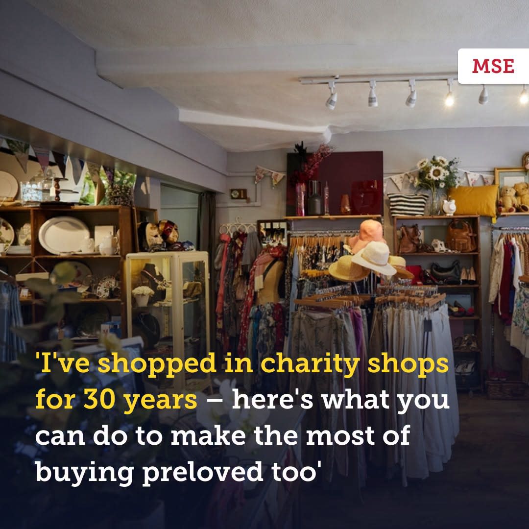 Image shared on Facebook, showing a charity shop filled with clothes, hats, bags and homeware. Overlaid text reads: "I've shopped in charity shops for 30 years – here's what you can do to make the most of buying preloved too".