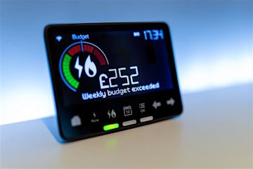 Images shows an in-home display, which is the device showing energy usage that sits within your home, on a white table