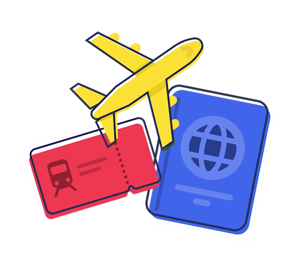 A cartoon plane, ticket and passport.