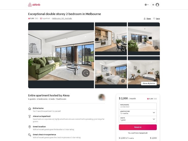 Image shows a fake Airbnb web page used by scammers.