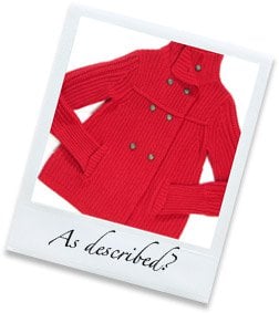 Polaroid of a red jacket with the words 'As described?' on the bottom.