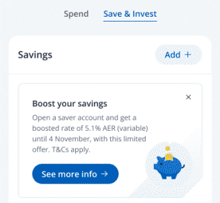 Screenshot of Chase banking app showing the savings section, which contains an invitation to “Boost your savings” by opening a saver account with a “boosted rate” of 5.1% AER variable.