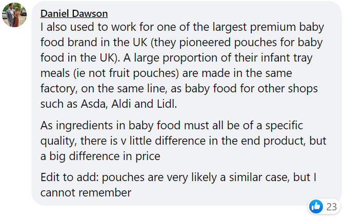 Daniel's Facebook post explains that infant tray meals produced by premium baby food brands are often made in the same factory and on the same production line as ones destined for budget supermarkets