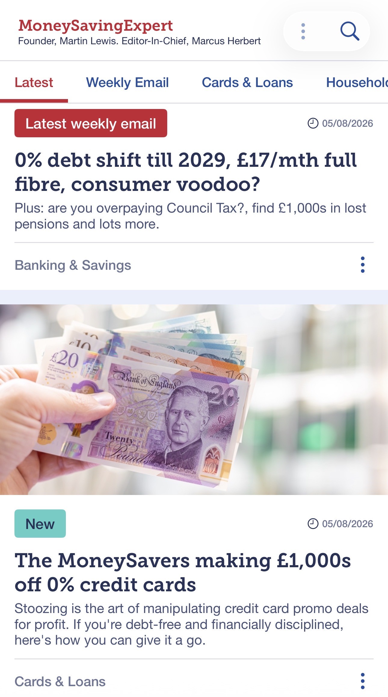 A screengrab showing the MSE App newsfeed, with a headline reading "0% debt shift till 2029, £17 a month full fibre, consumer voodoo?", plus a featured article about making £1,000s from 0% credit cards alongside a photo of banknotes.