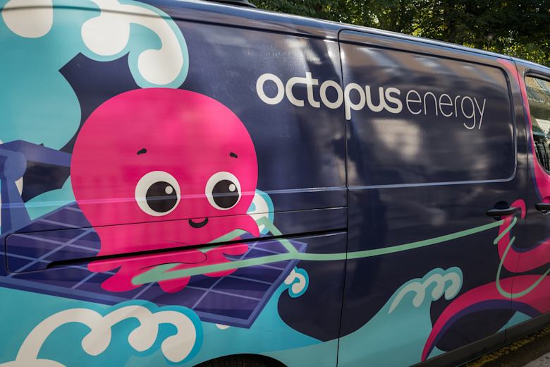 Blue Octopus Energy van with its logo and pink Octopus symbol on it.
