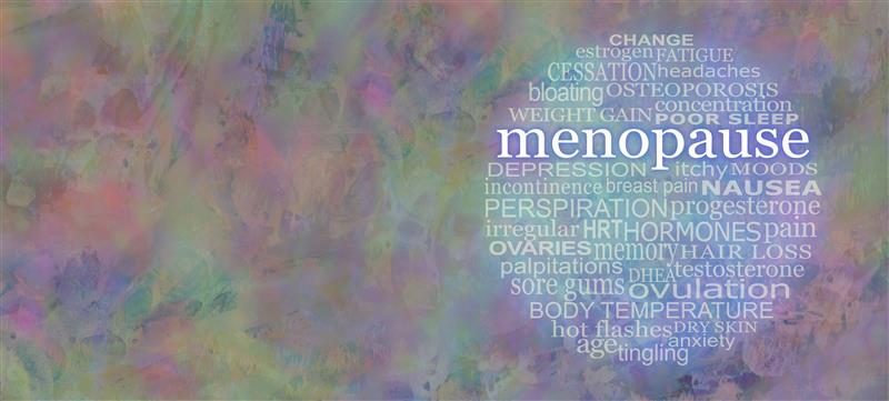 Word cloud of words associated with perimenopause and menopause such as hot flashes and moods
