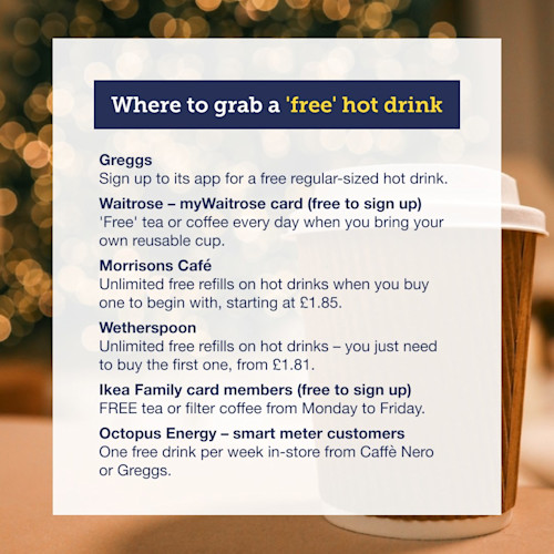 A graphic titled "Where to grab a 'free' hot drink". It details how to get one at Greggs, Waitrose, Morrisons Café, Wetherspoon, Ikea and Caffè Nero. We can't give that info here due to an alt text character limit, but you can find it via the link below.