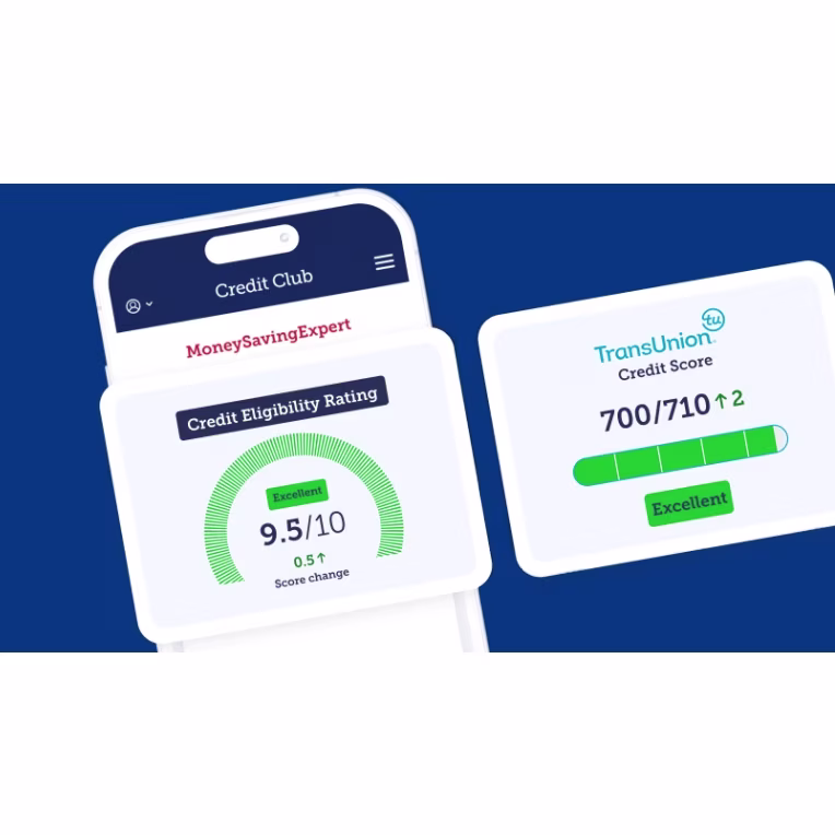 An image of a mobile phone screen displaying the MSE Credit Club. The screen shows the user's Credit Eligibility Rating, which is 9.5 out of 10. Their TransUnion Credit Score is displayed on another screen, which is 700 out of 710, thus "excellent".