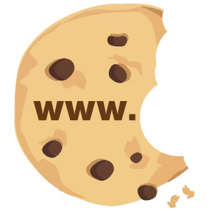 A chocolate chip cookie with a bite out of it and "www [dot]" written on it in brown text.