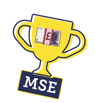 A yellow trophy with two handles displaying a bundle of £20 notes and an 'MSE' plaque at the base.