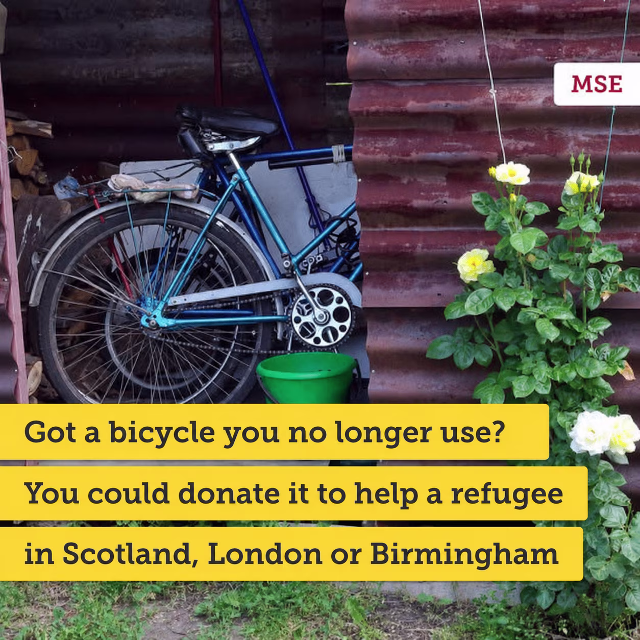 A graphic shared on our social channels, showing a blue bicycle leant against a red corrugated wall. Overlaid text reads: "Got a bicycle you no longer use? You could donate it to help a refugee in Scotland, London or Birmingham."