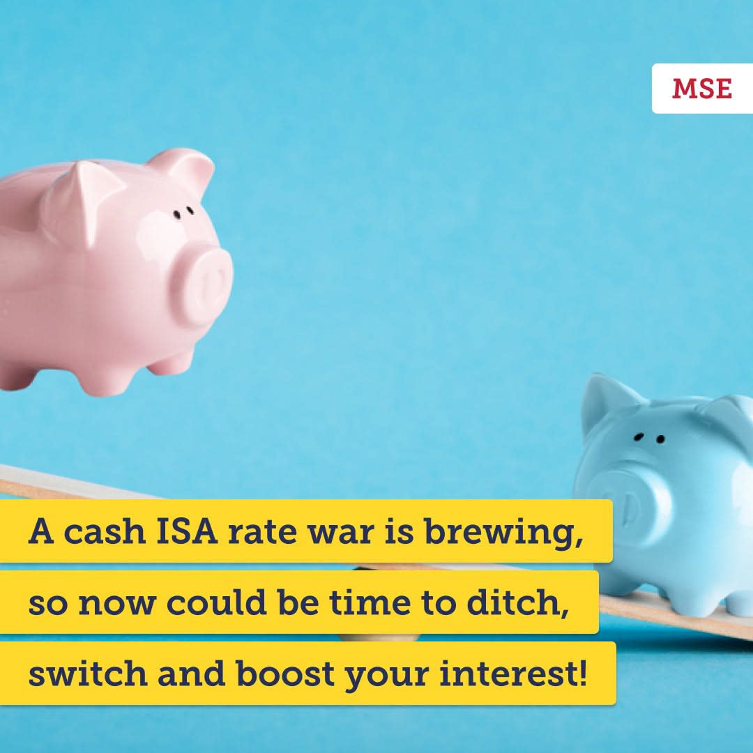 An image shared on our social channels, showing two piggy banks, one pink and one blue, on a seesaw. There's also the MSE logo and text reading: "A cash ISA rate war is brewing, so now could be time to ditch, switch and boost your interest!"