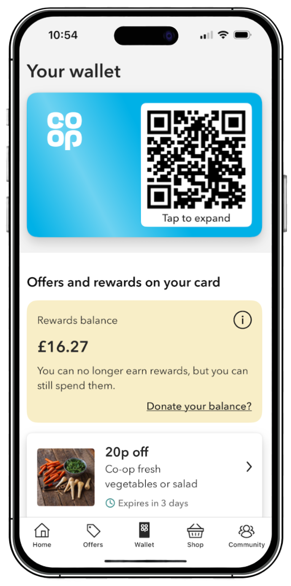 Screenshot of Co-op smartphone app showing the 'Your wallet' section with a rewards balance of £16.27
