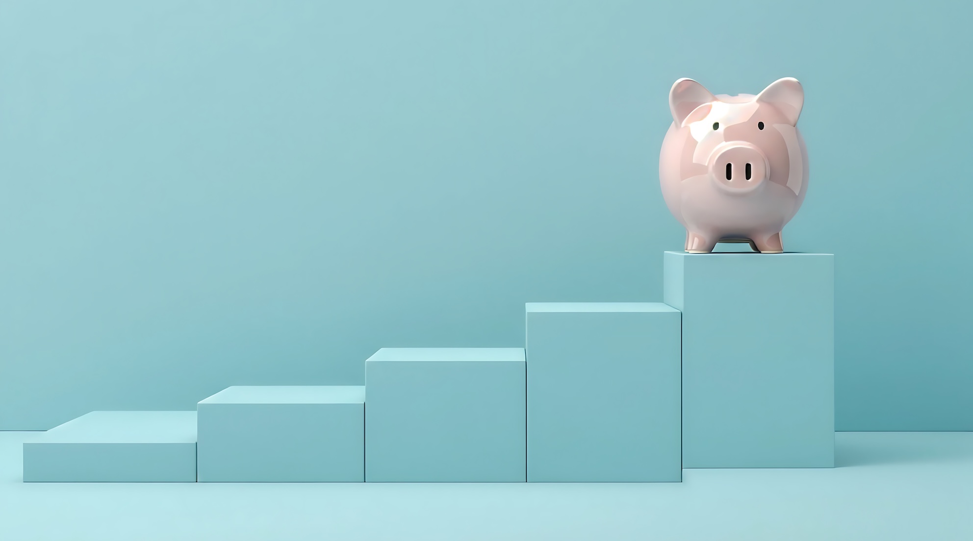 A pink piggy bank at the top of an ascending staircase of light blue blocks