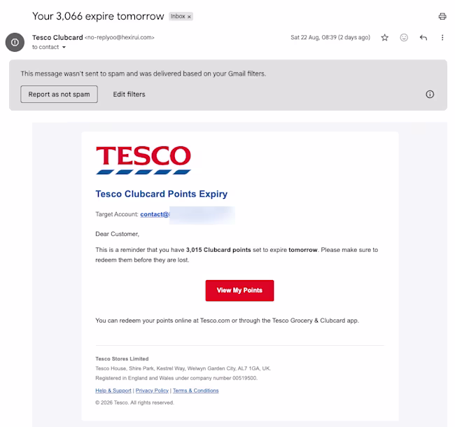 A screenshot of an email, which says it's from Tesco, warning about expiring points
