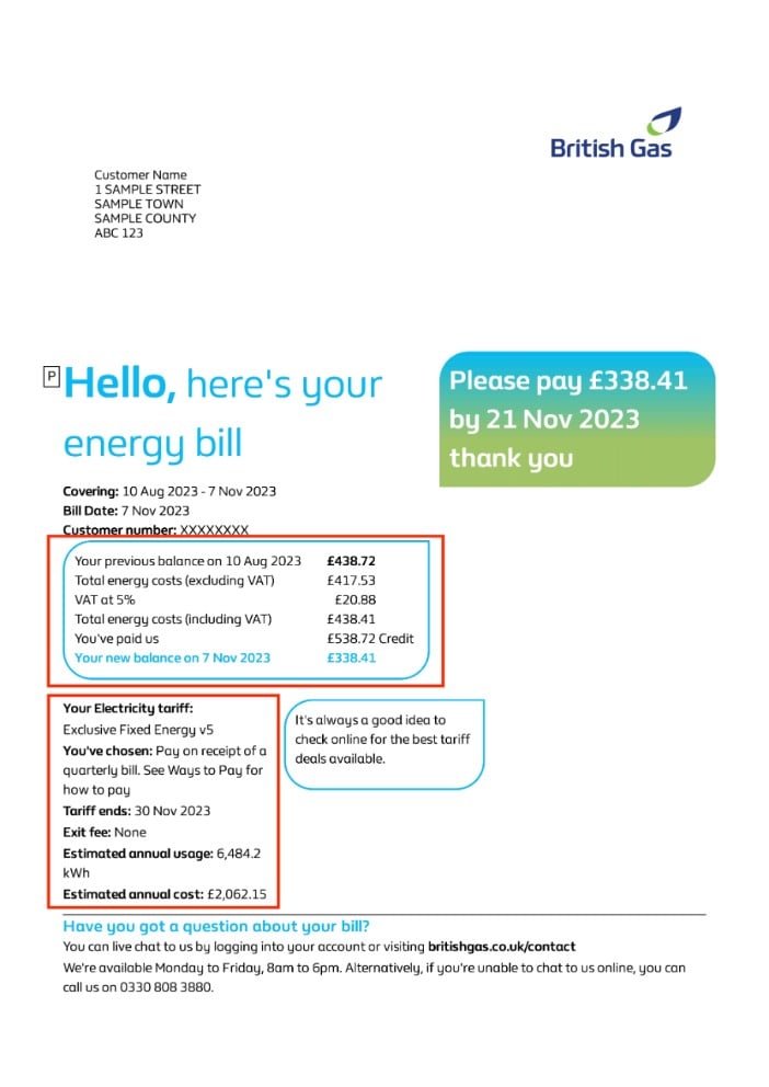 An image of a British Gas energy bill. Two areas of the image are circled in red.
