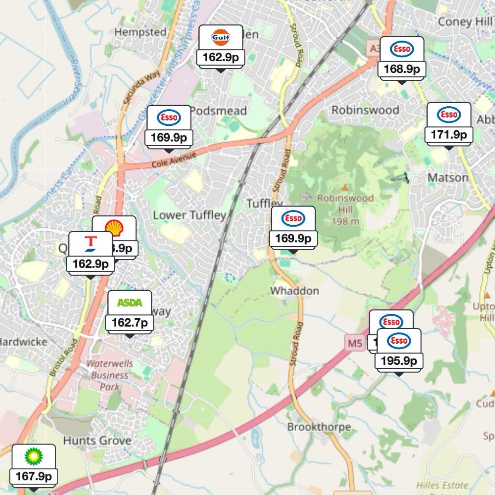 A map showing the locations of fuel stations and their prices, ranging from 162.7p to 195.9p a litre. Petrol stations include Asda, BP, Esso, Gulf, Shell and Tesco, with the cheapest price at Asda.