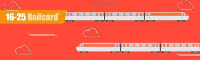 16-25 Railcard banner, which is a vector image of two orange and white trains going in opposite directions on red background.