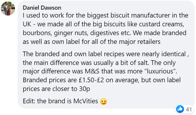 A facebook post from Daniel, explaining that branded and own-label biscuit recipes were nearly identical (except for a bit a salt)