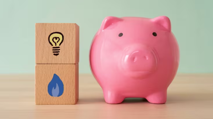 A pink piggy bank next to two wooden blocks, one with a light bulb drawn on, and the other with a blue flame