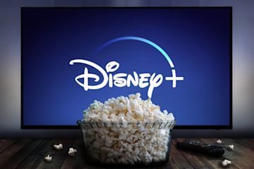 TV showing Disney+ app with popcorn in the foreground